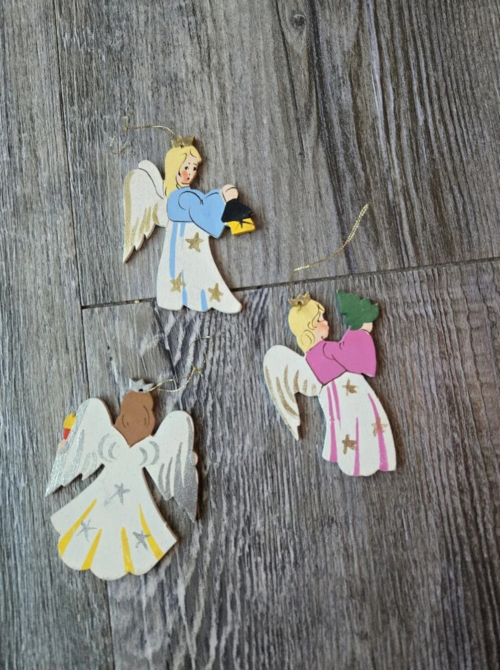 Handpainted Wooden Angel Ornaments - Set of 3 - Pastel Colors